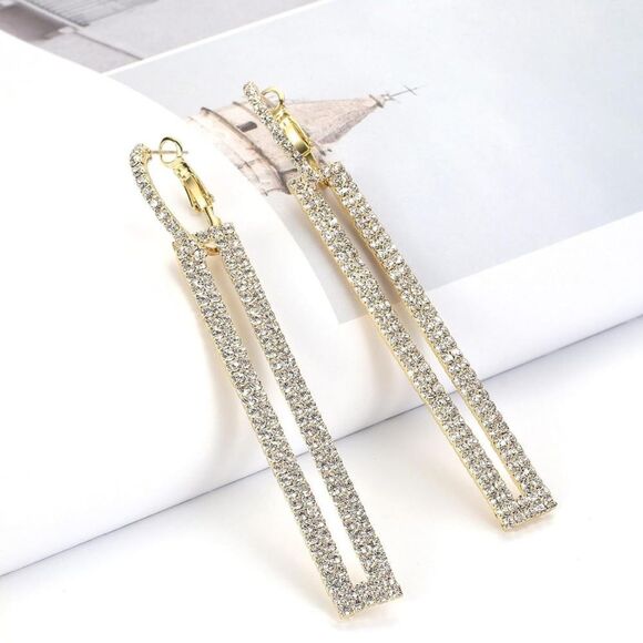 14K Yellow Gold with White Diamond Crystal Geometric Rectangle Post Earrings - Picture 2 of 5